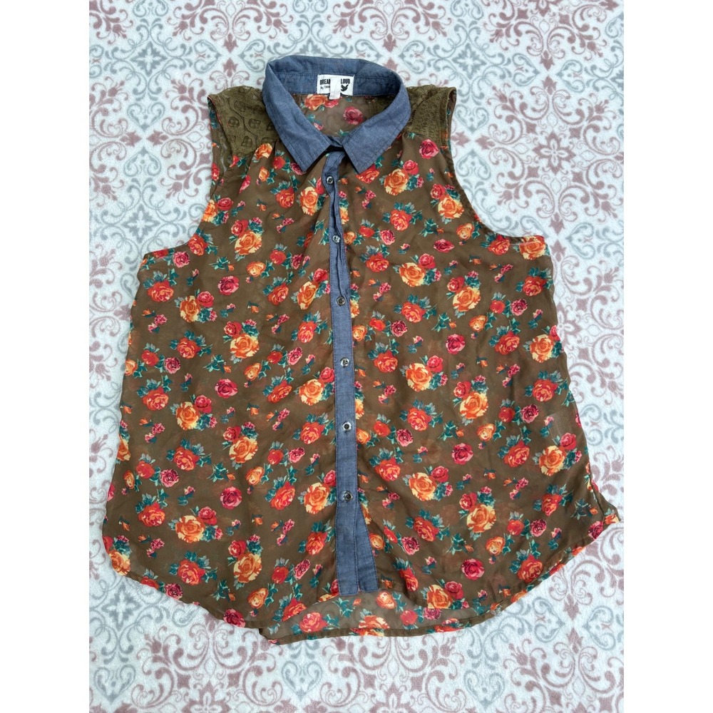 Dream Out Loud Selena Gomez Floral Lace Chambray Sleeveless Blouse Brown XL